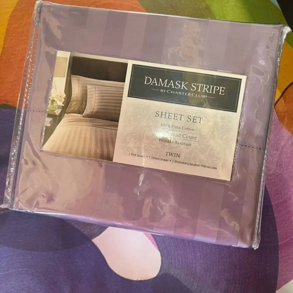 Charter Club Damask Stripe Sheet Set Pima Cotton Twin Purple NEW